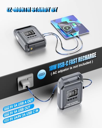Car Battery Jump Starter with Air Compressor Portable 8000A 160PSI - 3