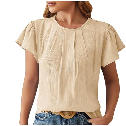 Womens Cap Sleeve Tops Crew Neck Pleated Dressy Work Blouse