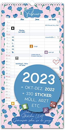 Calendrier mural 2023 3 colonnes,Planificateur floral pour deux 2023 et oct-déc 2022,Calendrier partenaire 16x32.5 cm,Pour paires 2022 2023,Planificateur mural 2 personnes, vacances, anniversaire Cover