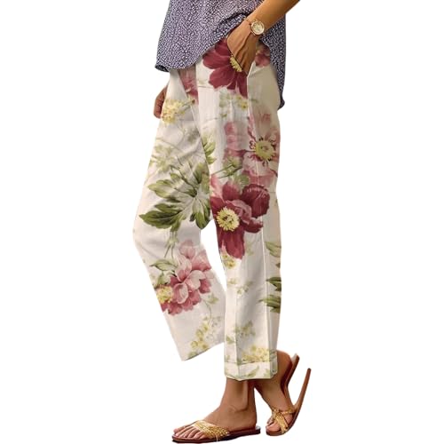 Akivide Women's Floral Cropped Linen Pants Summer Elastic Waist Straight