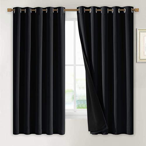 Image of NICETOWN Complete 100% Blackout Curtains, Thermal Insulated & Energy Efficiency Window Draperies with Black Liner, Noise Reducing Short Curtains for Kids Room (Black, 70-inch W by 63-inch L, 2 Panels)