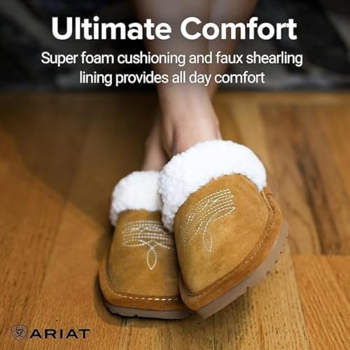 Image of ARIAT Women's Jackie Square Toe Warm Soft Genuine Suede Leather Indoor Outdoor Slippers with Plush Collar