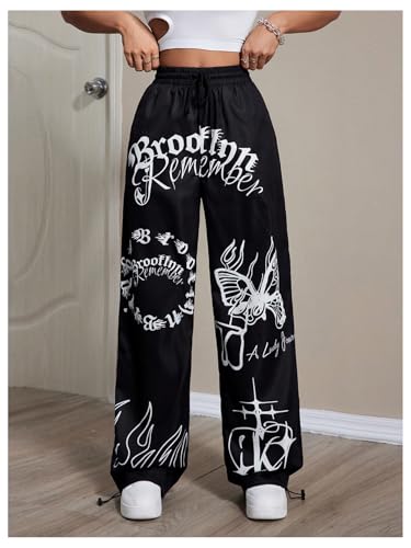 Verdusa Women's Hip Hop Letter Graphic Pants Drawstring High Waisted Straight Leg Trousers4