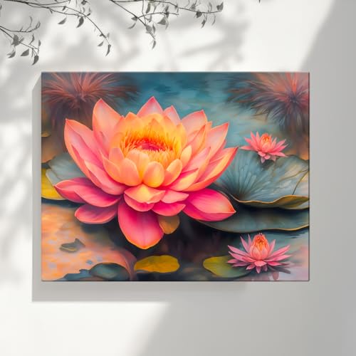 Image of ArtX Canvas Bloomed Lotus Painting For Vastu, Big Size Wall Art, Lotus Painting For Wall Vastu, Wall Decor, Multicolor, Nature, 58.0 X 45.0 cm, Set of 1