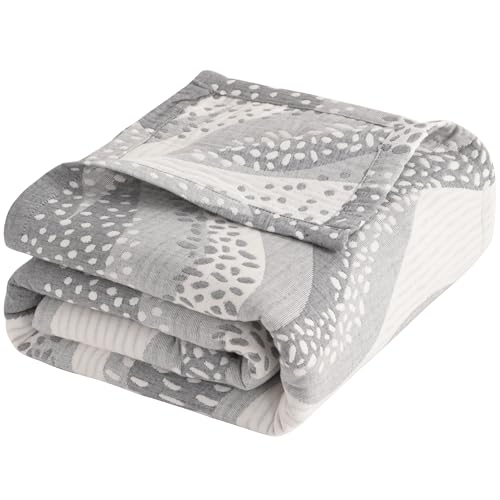 NTBAY King 3 Layer Muslin Cotton Blanket, 106 x 92, Grey Wheat Waves