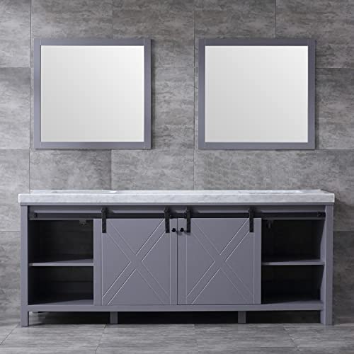 Lexora Marsyas 84-Inch Dark Grey Double Vanity, White Carrara Marble Top, White Square Sinks And 34-Inch Mirrors #TOP1