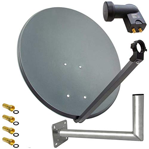 SAT Anlage 60cm Anthrazit Satellitenantenne Stahl Satellitenschüssel Twin LNB Wandhalter 45cm ALU 2TN 4 Stecker