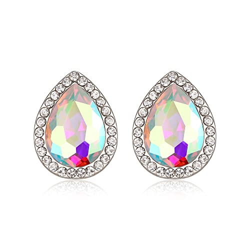 EVER FAITH Women's Austrian Crystal Wedding Elegant Teardrop Pierced Stud Earrings Iridescent AB Silver-Plated-Base
