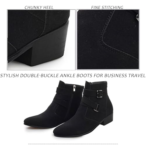 Men'S PU Block Heel Dress Chelsea Boots With Side Zipper Pointed Double Buckle Chunky Heel Non-Slip Business Chukka Motorcycle Comfortable Walking Ankle Boots3