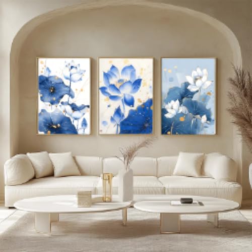Tableau lotus bleu et blanc 3D, décoration murale salon style chinois 60 x 80 cm