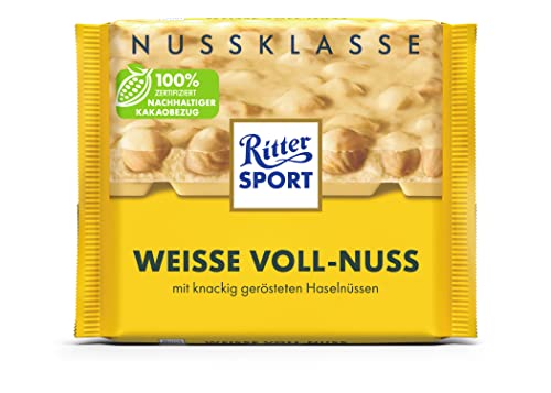 Neues Design: RITTER SPORT Weisse Voll-Nuss 100 g, weiße Schokolade mit ganzen Haselnüssen, Nussschokolade mit feiner Vanillenote, extra knackiger & leckerer Genuss Cover
