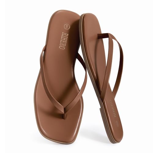 Image of Rihero Flip Flops for Women Comfortable Square Toe Beach Sandals Slip On Leather Thong Flat Sandals Dressy