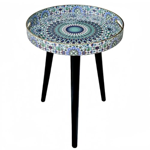 Image of Simmer Stone Round Indoor Side Tables with Detachable Wooden 3 Legs, Versatile Tray Table, Perfect For Round Coffee Table Tea, and Relaxation Time 17.7 Inch (Blue Morocco)