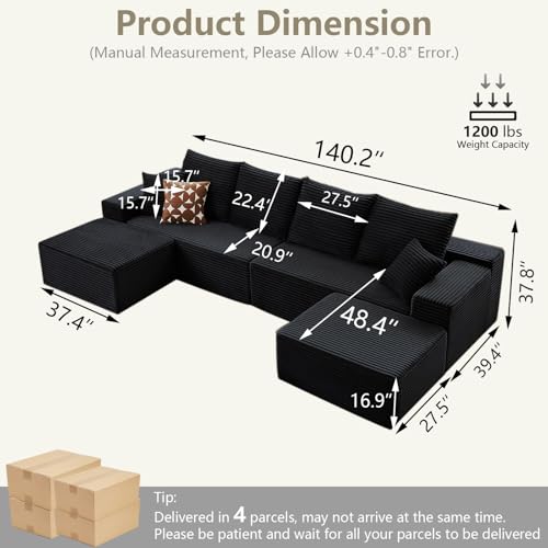 Image of 140 inch Sectional Cloud Couch for Living Room, Stupendous U Shaped Sofas, Modular Floor Deep-Seat Sofa, Big Comfy Corduroy Couches Set with Fluffy Memory Foam, No Assembly Required, Black