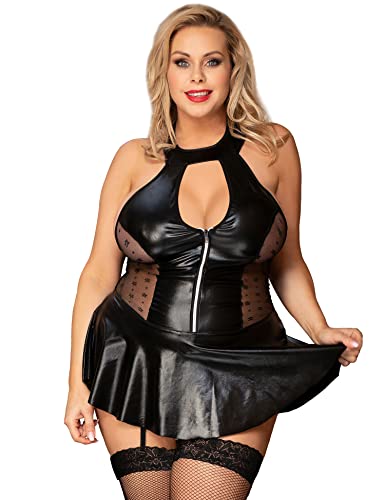ohyeahlady Faux Leather Lingerie Plus Size Lace Stitching Zipper Teddy Black Party Clubwear