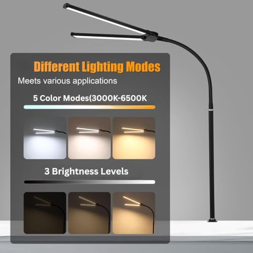 Image of Double Head LED Desk Clamp Lamp Light- with Adjustable Arms, Eye-Caring, 5 Color Modes, 3 Level Brightness, Office Lamp for Monitor, Studio, Workbench & Reading - Black (Adaptor Included)