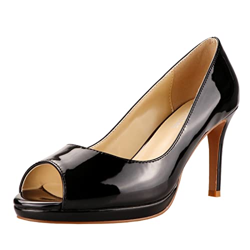 LEMUTISME Women's Patent Leather Sexy Slip On Peep Toe High Heel Dress Pumps Chic Glossy Open Toe Stiletto Heel Platform Sandals