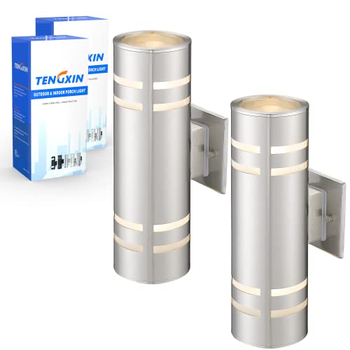 TENGXIN 2 Pack Outdoor Wall Light,Up Down Modern Exterior Wall Sconce with Stainless Steel Cylinder,Brushed Nickel Finsh Wall Mount Light
