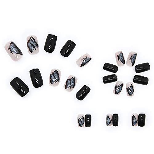 French Press On Nails Medium Length Butterfly Square Artificial False Nails With Glues Acrylic Nail Tips Daisy Wear Black Butterfly Full Cover Fake Nails Glue On Nails For Women Nail Salon 24Pcs #TOP4