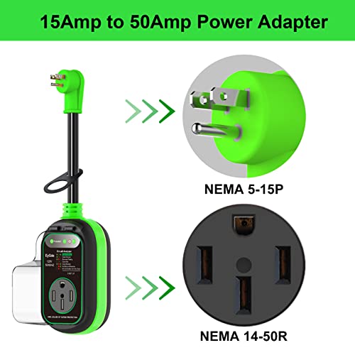 Image of EyGde 50 Amp to 15 Amp 110 RV Adapter with Surge Protector, Patented 4500J 5-15P Male to 14-50R RV Adapter Plug RV Circuit Analyzer Voltage Protector with Waterproof Cover, for Camper Travel Trailer