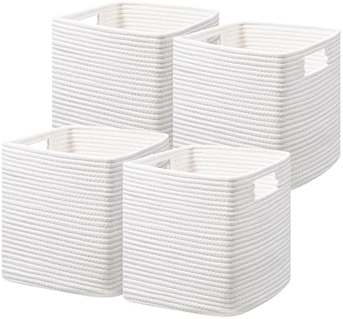 UBBCARE Set of 4 Cotton Rope Basket 13 X 13 X 13 Inches, Woven Storage Baskets for Shelves, Organizing with Handles, Cube Storage Bins for Storage Books, Magazines, White