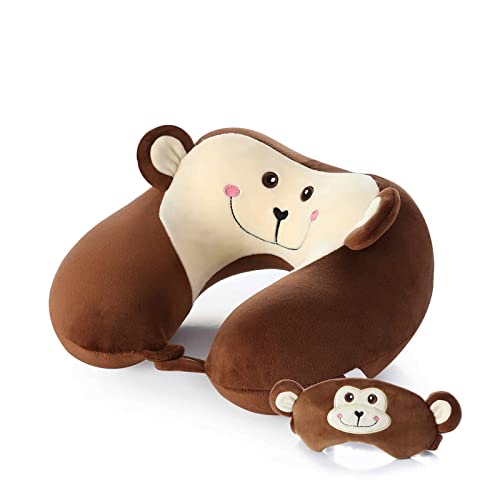 ZP LIFE Travel Pillow - Comfort Memory Foam Neck Support Cushion (Traveling, TV, Reading) - Brown Monkey + Blindfold