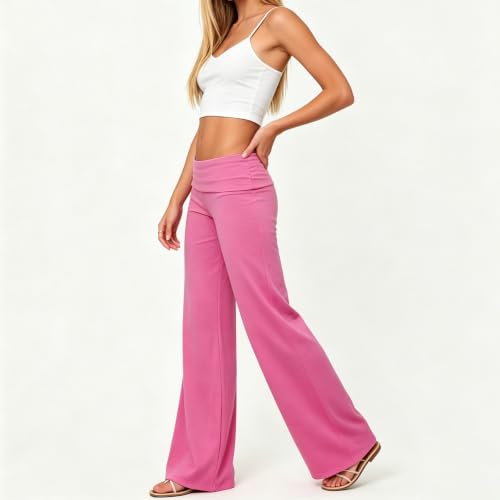 Image of Lounge Yoga Pants for Women Fold Over Low Waist Wide Leg Bell Bottoms