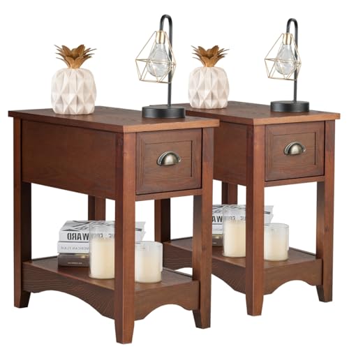 LIFEZEAL Lot de 2 Tables de Chevet en Bois, Table d’Appoint avec 1 Tiroir, Bout de Canapé avec Pieds en Bois d'Hévéa,33 X 56 X 58,5 cm,Table de Nuit...
