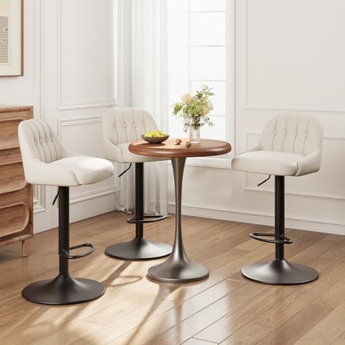 Image of MALOL Bar Stools Set of 3, Swivel Bar Chairs, Modern Adjustable PU Leather Upholstered Barstools Counter Height with Tufted Back for Bar, Kitchen Counter Island, Dining Room, Beige