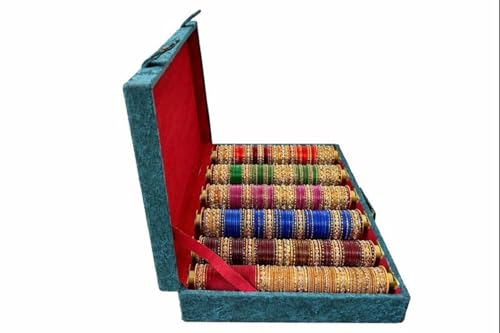 Image of Bangle Box for Women 6 Rod | Bridal Chura Organizer Box with Detachable Rods | Velvet Jewellery Storage Box with Magnetic Lock & Handle | Bangles Holder Case for Jewellery Storage (Green)