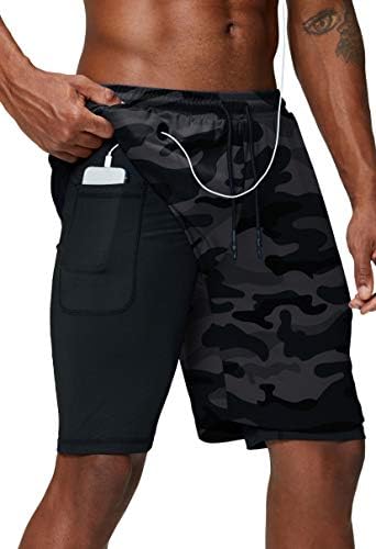 Pinkbomb Men's 2 in 1 Running Shorts Gym Workout Quick Dry Mens Shorts with Phone Pocket (Grey Camo, X-Large