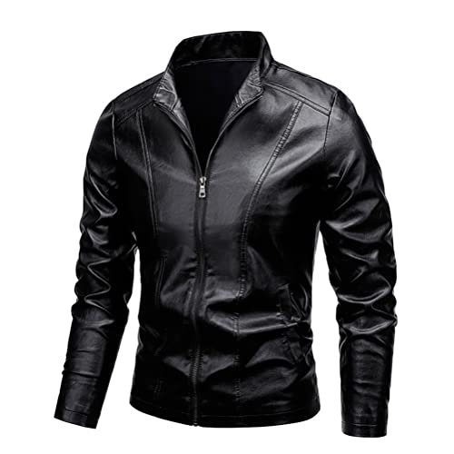 CNSTORE Jaqueta masculina masculina de couro gola alta para motocicleta casual justa jaqueta de cour