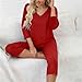Women's Pajamas Set Fashion Solid Color V-Neck Long Sleeves T-Shirts Tops and Pj's Capri Pants Home Casual Outfits Red Medium