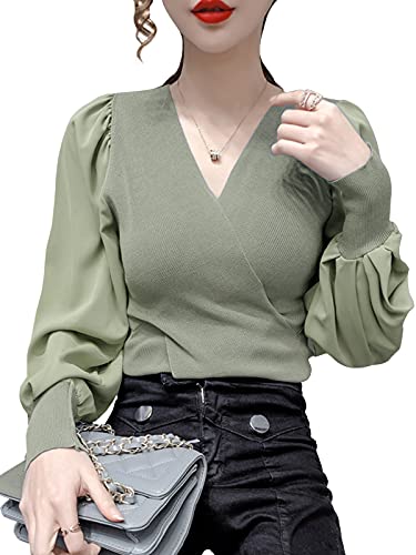 [ニーマンバイ] シフォン ドッキング ボリューム袖 Vネック ニット ブラウス リブ カシュクール きれいめ 柔らか ショールカラー セーター たけ おそろい サラサラ トップス 伸縮 単品 セクシー 大学 学校 スクール 仕事 通勤 緑 パーティ クリスマス 大人 コーデ カジュアル カワイイ ドレス シャツ 着痩せ l サイズ グリーン にっと v ネック グリーン 1A-N01-GRL