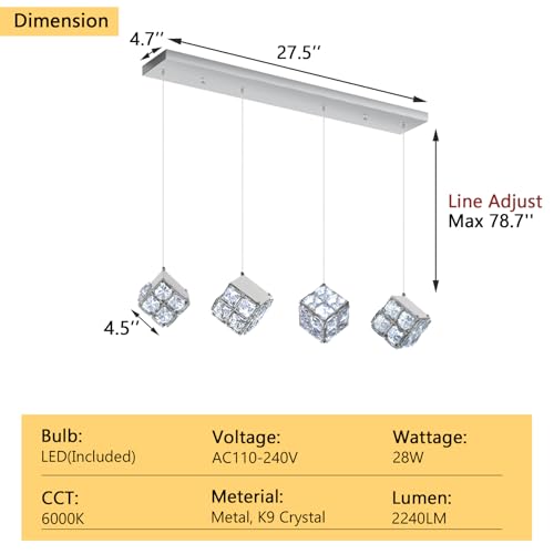 4 Lights Modern Rectangular Crystal Pendant Lights for Dining Room LED Dimmable Pendant Lighting Chandelier for Kitchen Island Foyer Hallway Stairwell Silver by dolria - Used condition - US$114.00