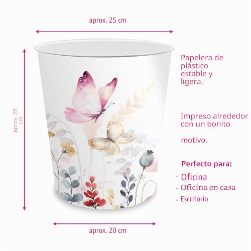 Miniatura 2 de Itenga Papelera Para Niños Y Adultos Con Diseño, Redonda, Aprox. 11 Litros, Cubo De Basura Para Habitación Infantil U Oficina, Plástico Estable Diseño De Mariposa