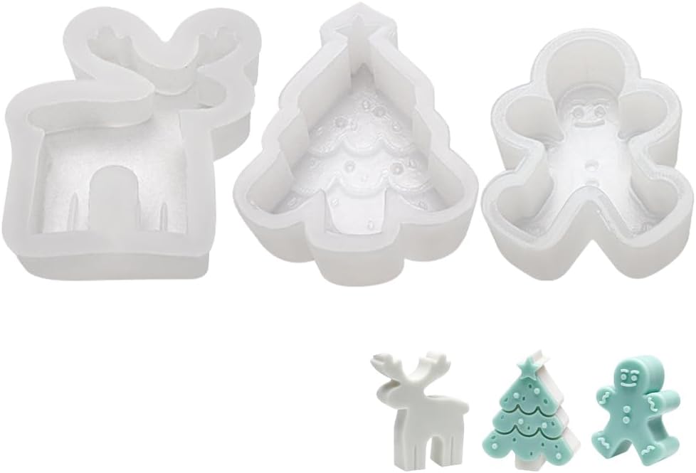 Angoily 3PCS Silicone Candle Molds, 3D Christmas Silicone Molds Tree, Gingerbread Man, Reindeer Candle Making for Xmas Holiday Decor Party Favors for DIY Scented Soaps Making Wax Resin Casting Soap