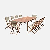 Alice's Garden   Salon de Jardin en Bois Extensible   Almeria   Table 200/250/300cm avec 2 rallonges. 2 fauteuils et 8 chaises. en Bois d'Eucalyptus huilé et textilène Gris Taupe