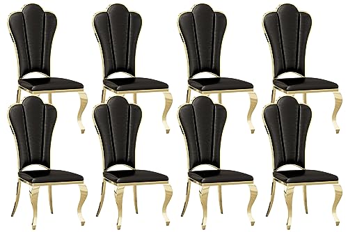 LIKUHLI Silla de Comedor, Juego de 8 sillas de Comedor Negras, sillas de Comedor de Cuero tapizado con Patas de Acero Inoxidable Dorado y Respaldo de pétalo, sillas de Comedor de CU