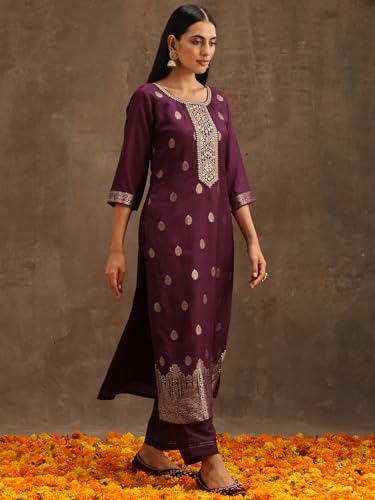 Image of Libas Womens Self Design Silk Straight Kurta With Trousers and Dupatta | daily wear suit