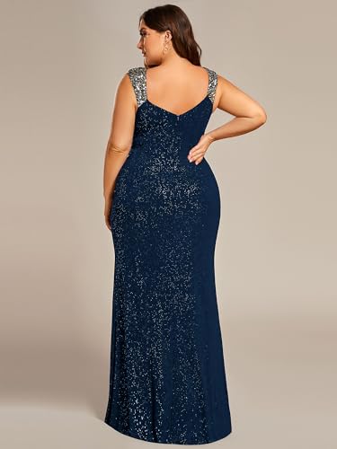 Image of Ever-Pretty Women's Glitter V Neck Sleeveless Plus Size Formal Dresses High Split Bodycon Prom Dress Evening Gowns