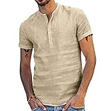 orandesigne uomo maglietta t-shirt camicia in lino a maniche corte bottoni casual hawaii tinta unita slim fit henley shirts estate elegante maniche lunghe spiaggia lavoro shirts tops a cachi m