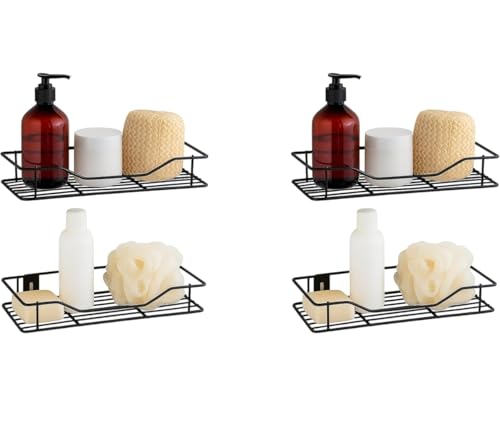 Image of Wall Mounted Storage Rack for Kitchen & Bathroom | Metal Wire Shelf Organizer for Spices, Toiletries & Accessories | Rustproof Wall Shelf | Space Saving Storage (Black) (Pack of 4)