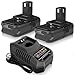 2 Pack 3600mAh Replacement for Ryobi 18V Battery Lithium ion and P117 Charger Combo Compatible with Ryobi 18 Volt Battery 3.6Ah P102 P103 P104 P105 P107 P108 P109 P190 Cordless Power Tools(Black)