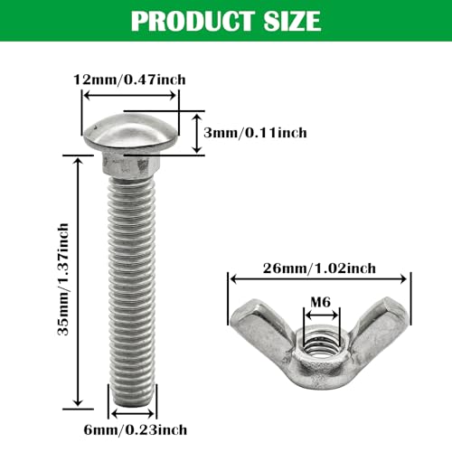 Pernos de carro M6 x 35 mm con tuercas de ala en acero inoxidable 304, 10 juegos 3