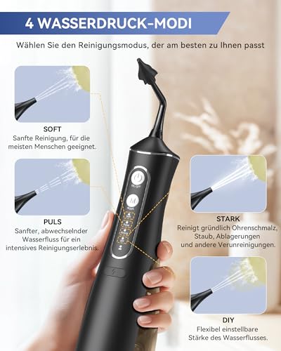SEEDEAR Elektrischer Ohrenschmalz Entferner, IPX7 Wasserdichter Ohrreiniger-Set mit 4 Modi & DIY Wasserdruck-Ohrspülung - 4 Ohrspitzen im Set, Sicher für Erwachsene & Kinder (dunkel schwarz)
