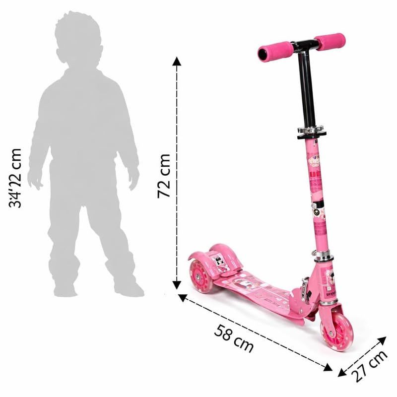 Image of Foldable Kick Skating Cycle LED Wheels | Kids 3 Wheel Kick Scooter with Adjustable Handlebar & Hight, Front Brake, Bell and Printed Deck | Skate Scooter for Kids Age 2-12 Years