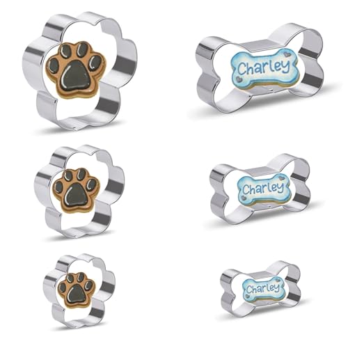 6 Stück Keksausstecher hund, Ausstechformen aus Edelstahl für Hunde-Kekse Torte Paw Ausstecher Hundepfote Großer Knochen Kleiner Knochen für Plätzchen Kekse