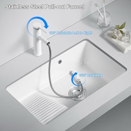 White Ceramic Undermount Utility Sink with Washboard & Stainless Steel Faucet, Perfect for Laundry Rooms & Balconies, 60x40x21cm (23.6x15.7x8.3in)