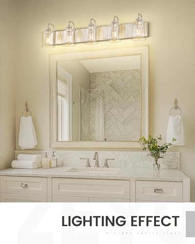 Image of zeyu 36 Inch Farmhouse Modern Bathroom Lighting Fixture, 5-Light Bathroom Vanity Light, Brushed Nickel Finish with Clear Glass Shade, ZSL72B-5W BN